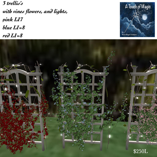 Second Life Marketplace 3 pc. trellis set with vines flowers & lightsBox
